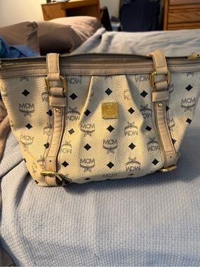 MCM beige Monogram Tote with Gold-Plated Logo Plate
